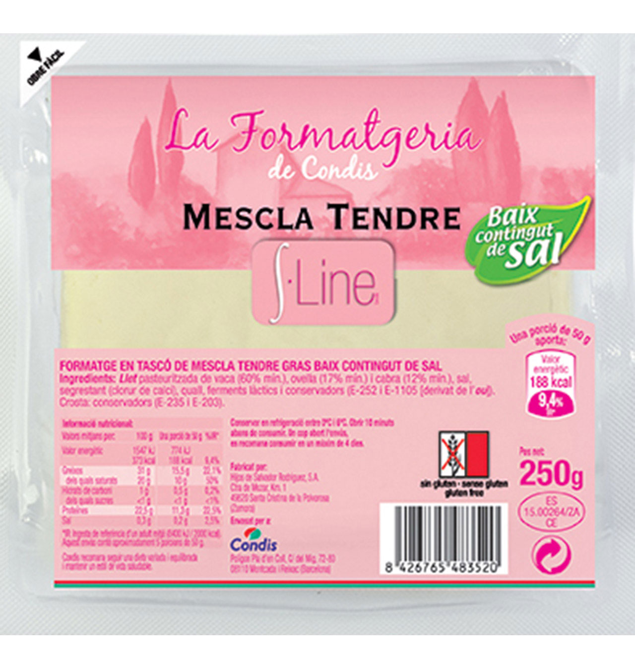 Comprar QUESO S LINE MEZCLA TIERNO BAJO EN SAL CUÑA 250 G QUESO S