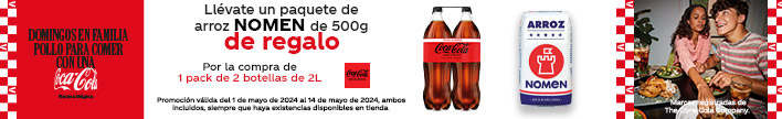 1 paquete de arroz Nomen 500 g, por la compra de 1 pack de 2 unidades de Coca-Cola Zero 2 litros