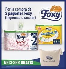 1 Neceser de regalo, por la compra de 2 paquetes de productos Foxy (higiénico o cocina)