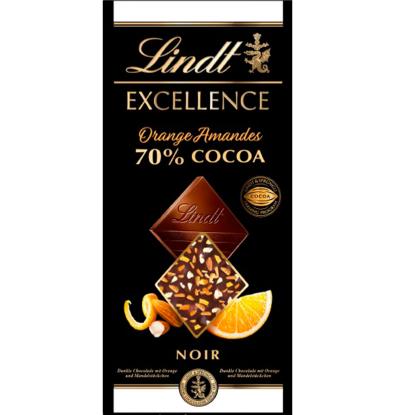 CHOCOLATE EXCELLENT LINDT 70% CACAO NARANJA Y ALMENDRA 100 G
